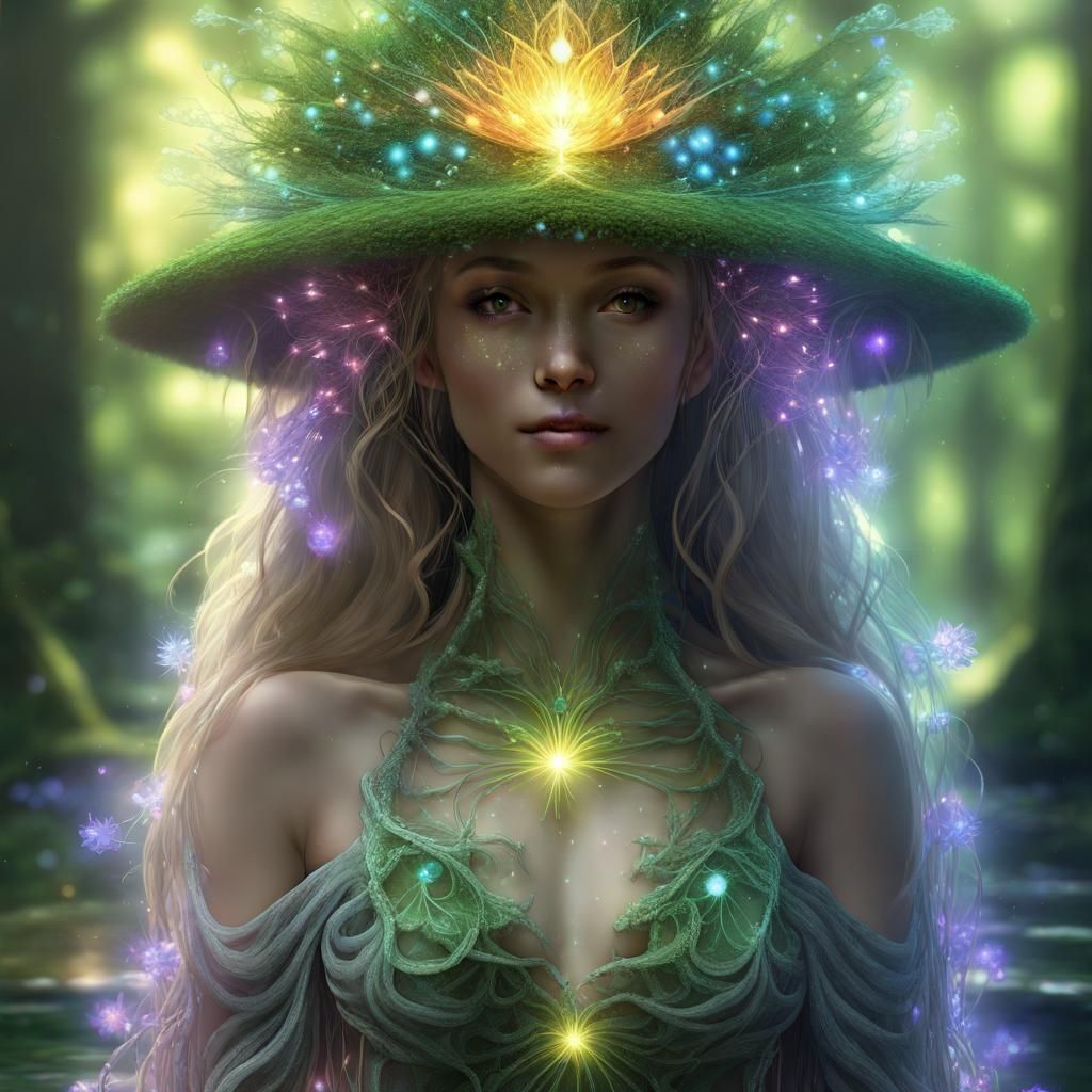 Bioluminescent Nymph Witch in a Forest Pool