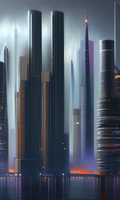 Night Cityscape: Hyperrealistic Surrealist Painting