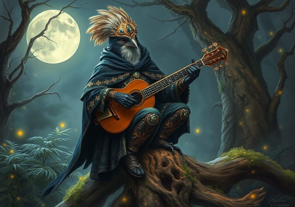 Fairytale Bird Bard in Moonlit Forest