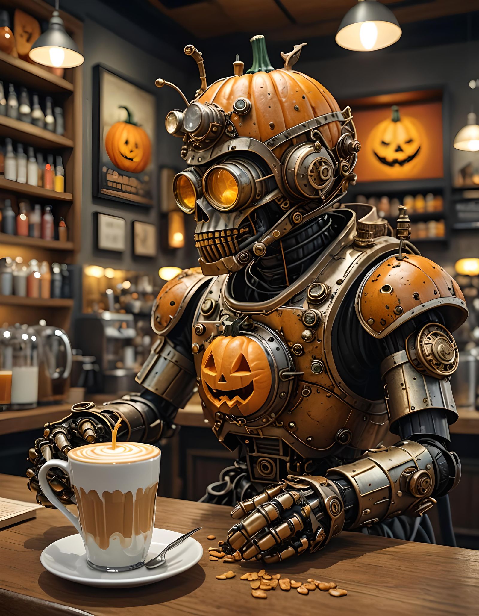 Steampunk Robot Drinks Latte: Macro Photography