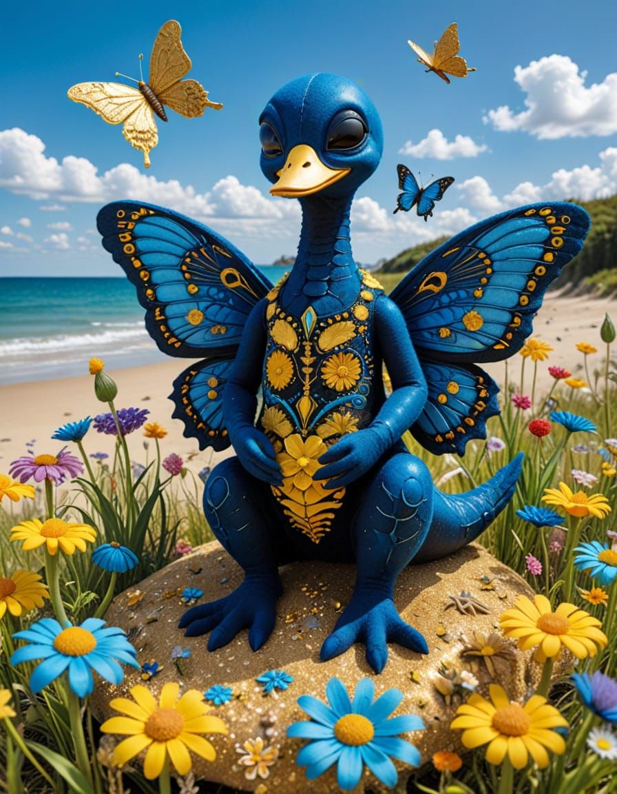 Colorful Felt Alien on a Flower Meadow Beach