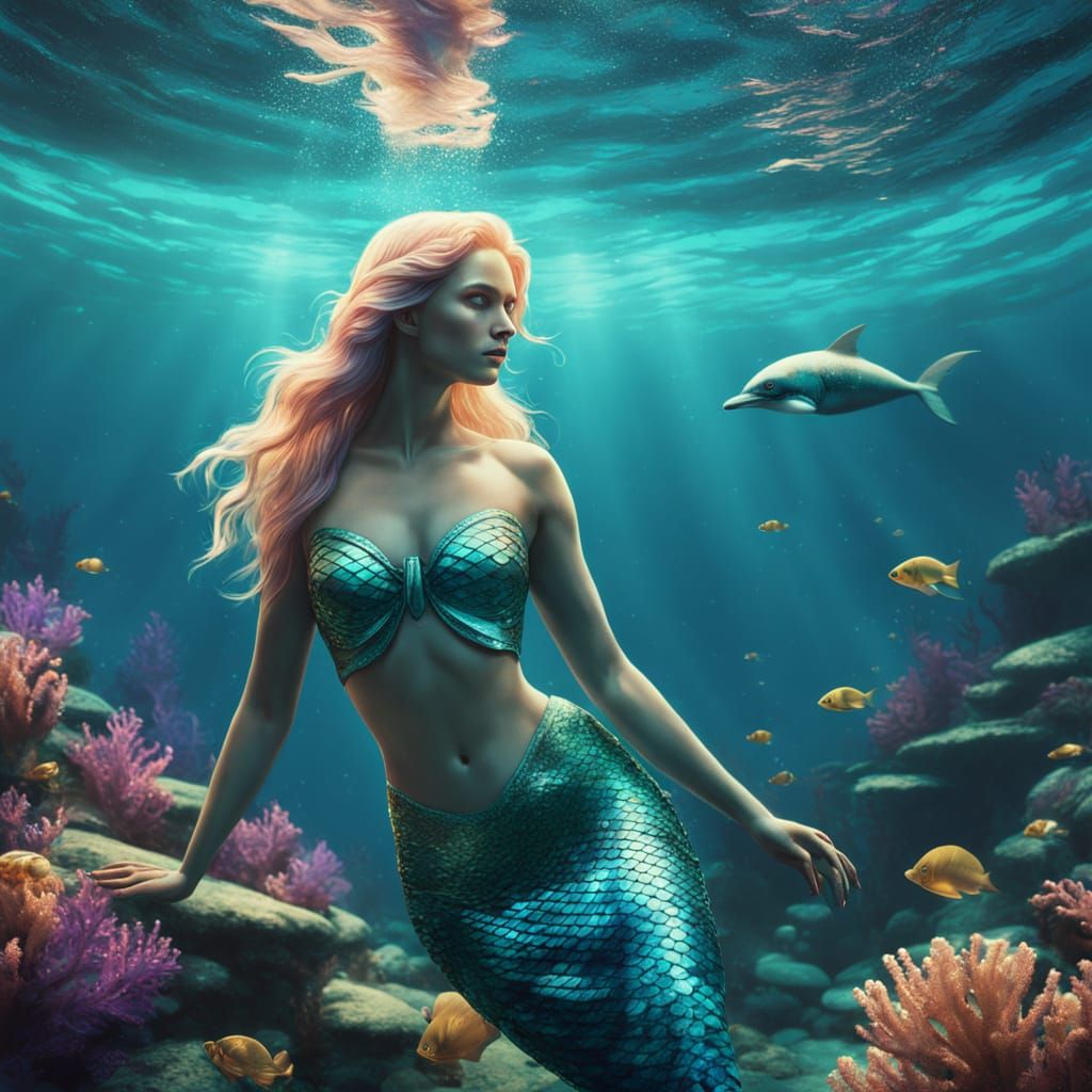 Regal Mermaid Amidst Vibrant Coral Reef in Cinematic Digital...