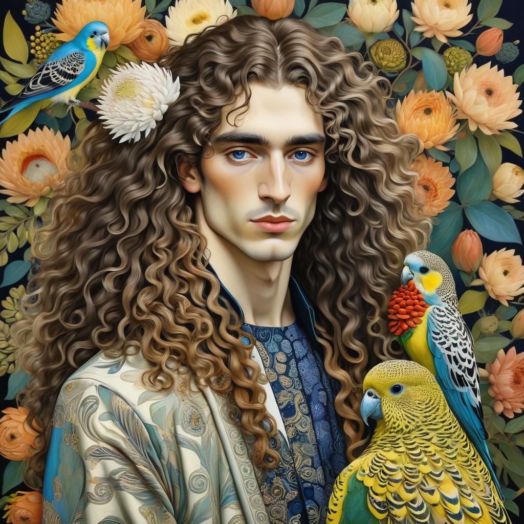 Portrait of Man with Budgies in Klimt Style