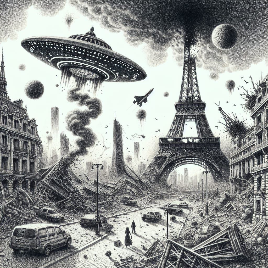 Dystopian Paris: Eiffel Tower Crash in Cross-Hatching