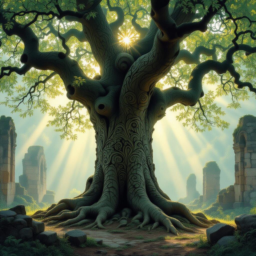 Majestic Art Nouveau Tree in Misty Ruins