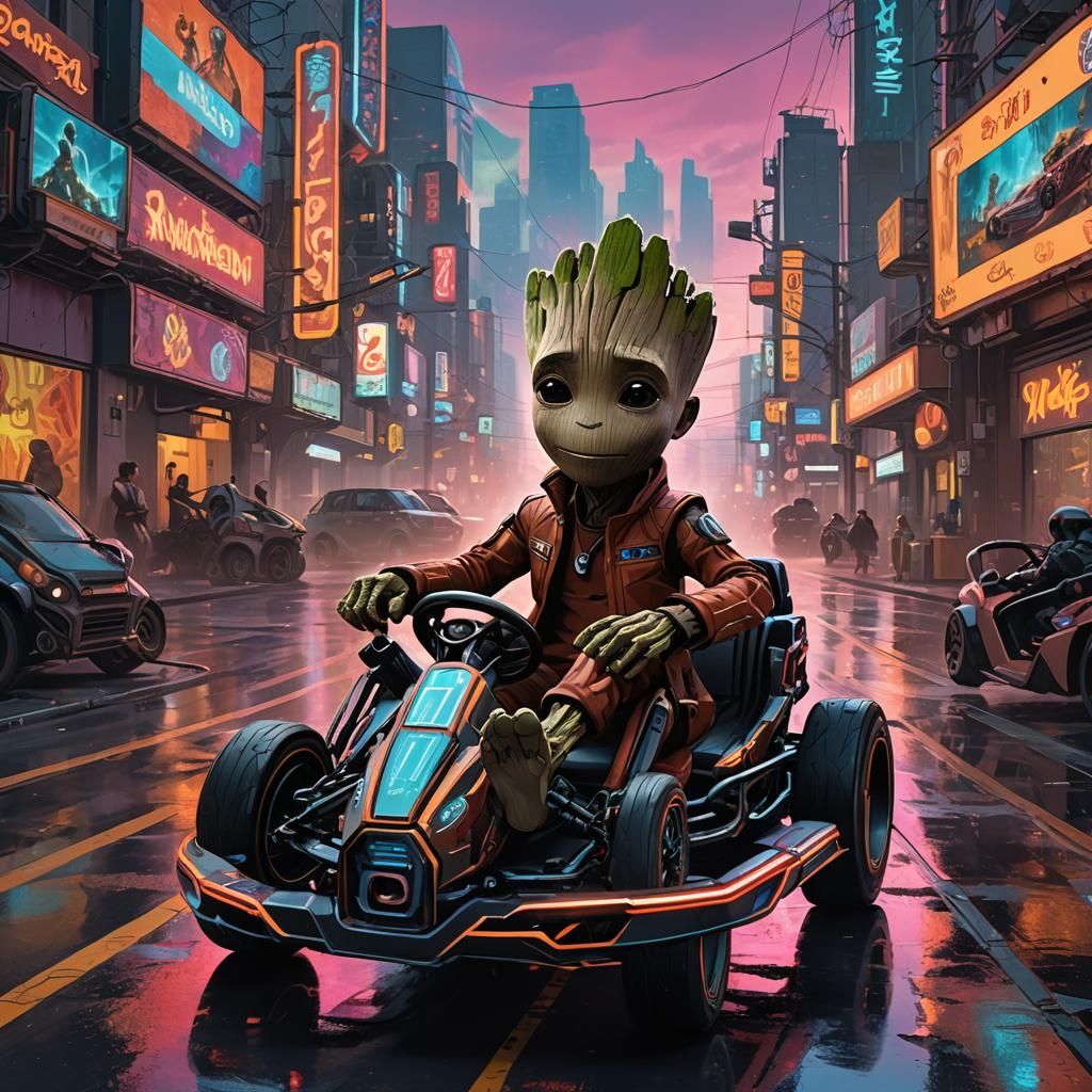 Baby Groot Races Through Cyberpunk Cityscape