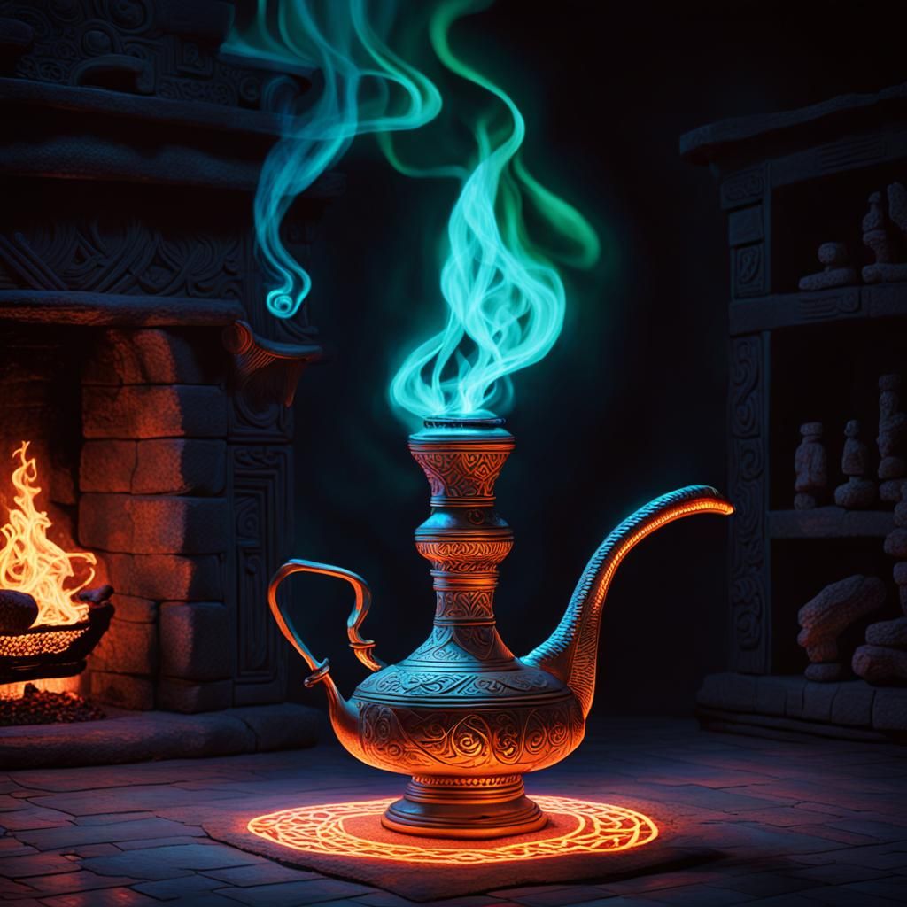 Hyperrealistic Genie Lamp with Runes and Vapors