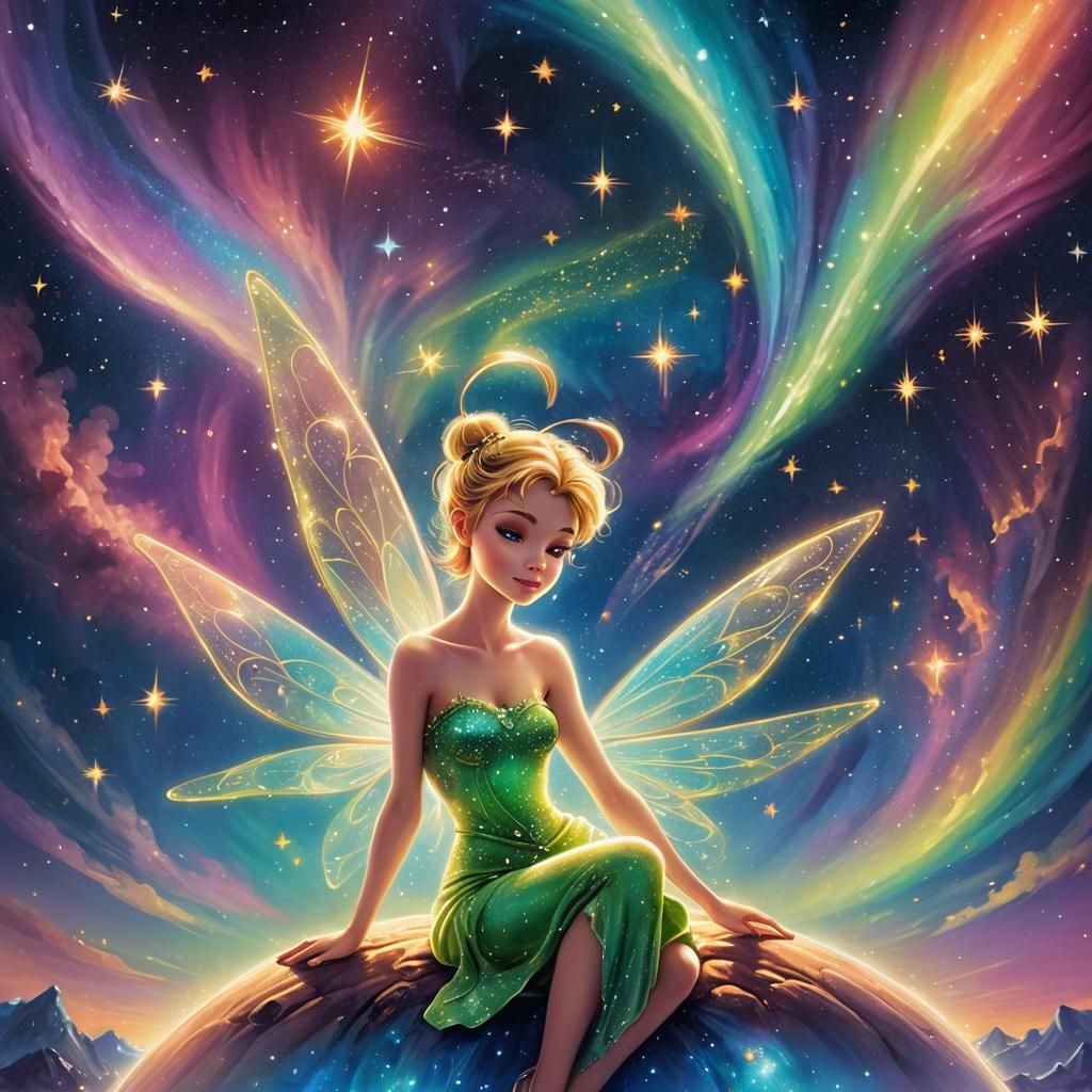 Tinkerbell on Star Tarot Card in Surreal Style