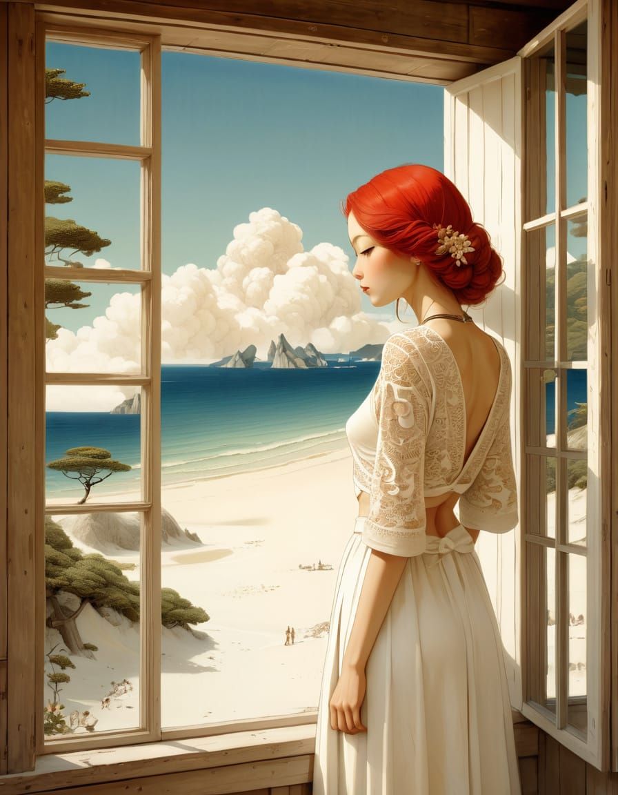 Dreamy White Sand Beach Scene in a Rustic French Window Fram...