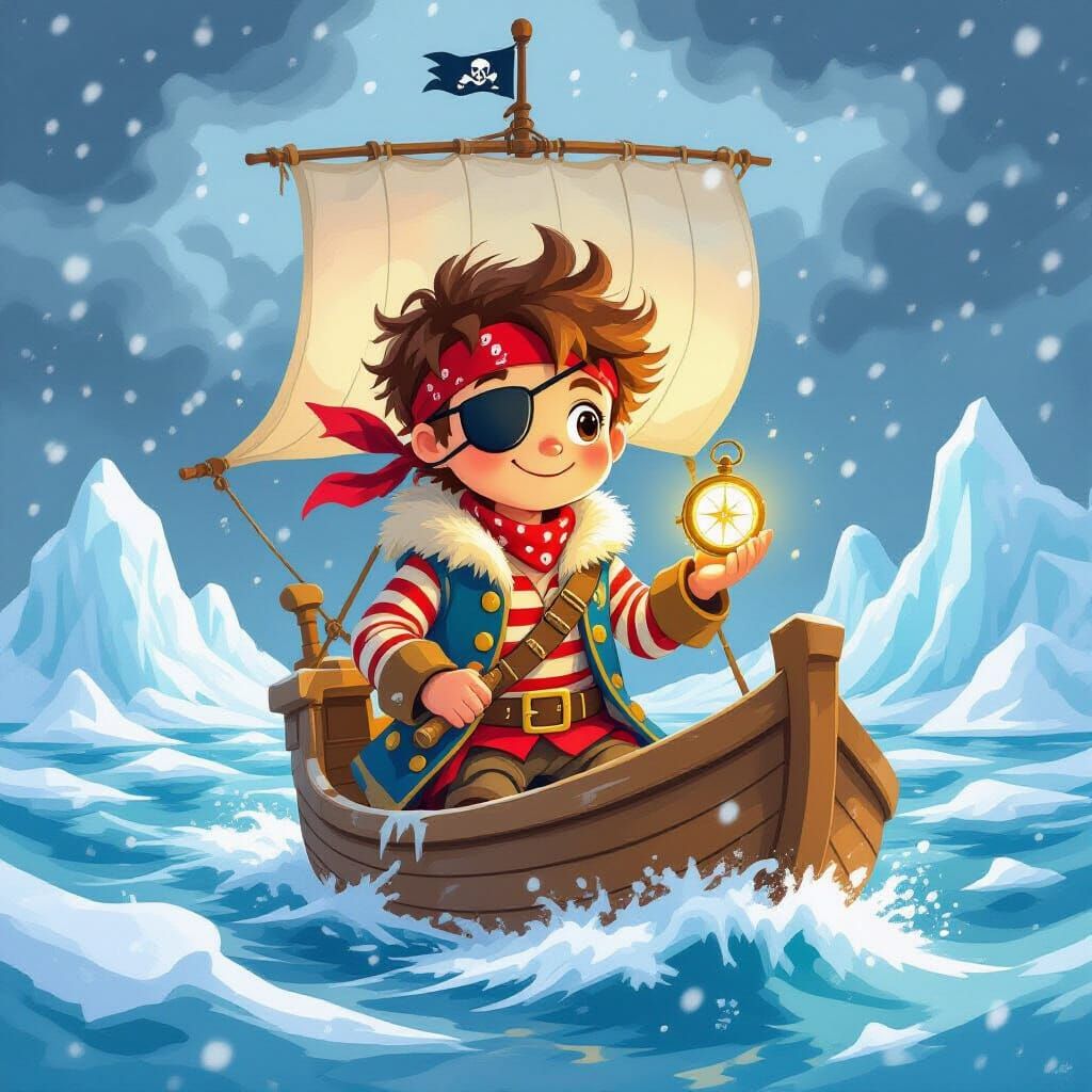 Cheerful Pirate Boy Sailing Frozen Ocean: Whimsical Watercol...