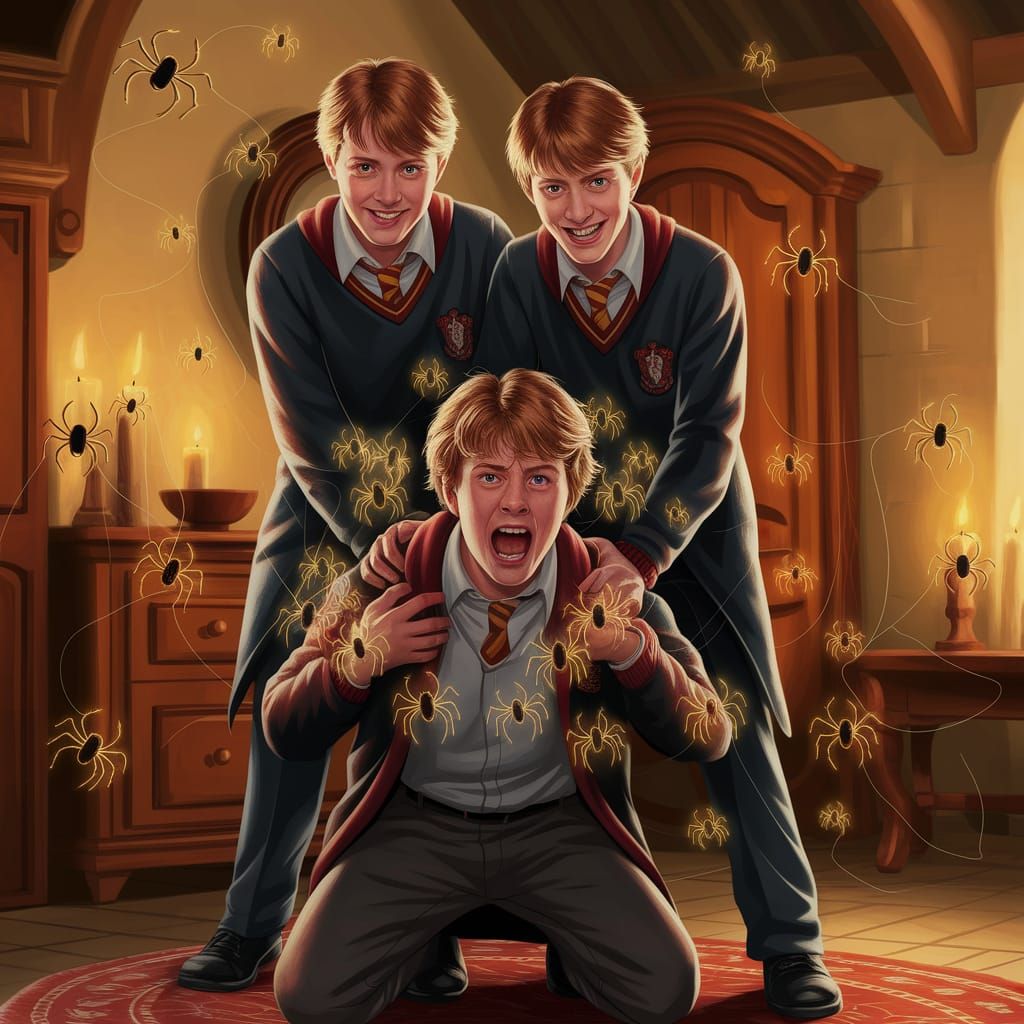 Weasley Twins' Spider Prank in Digital Art Style