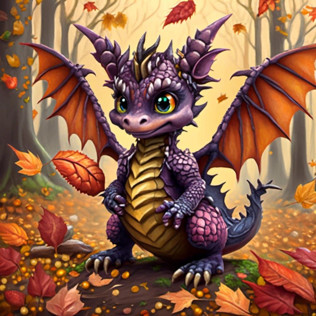 Chibi Witchy Dragon with Autumn Leaves