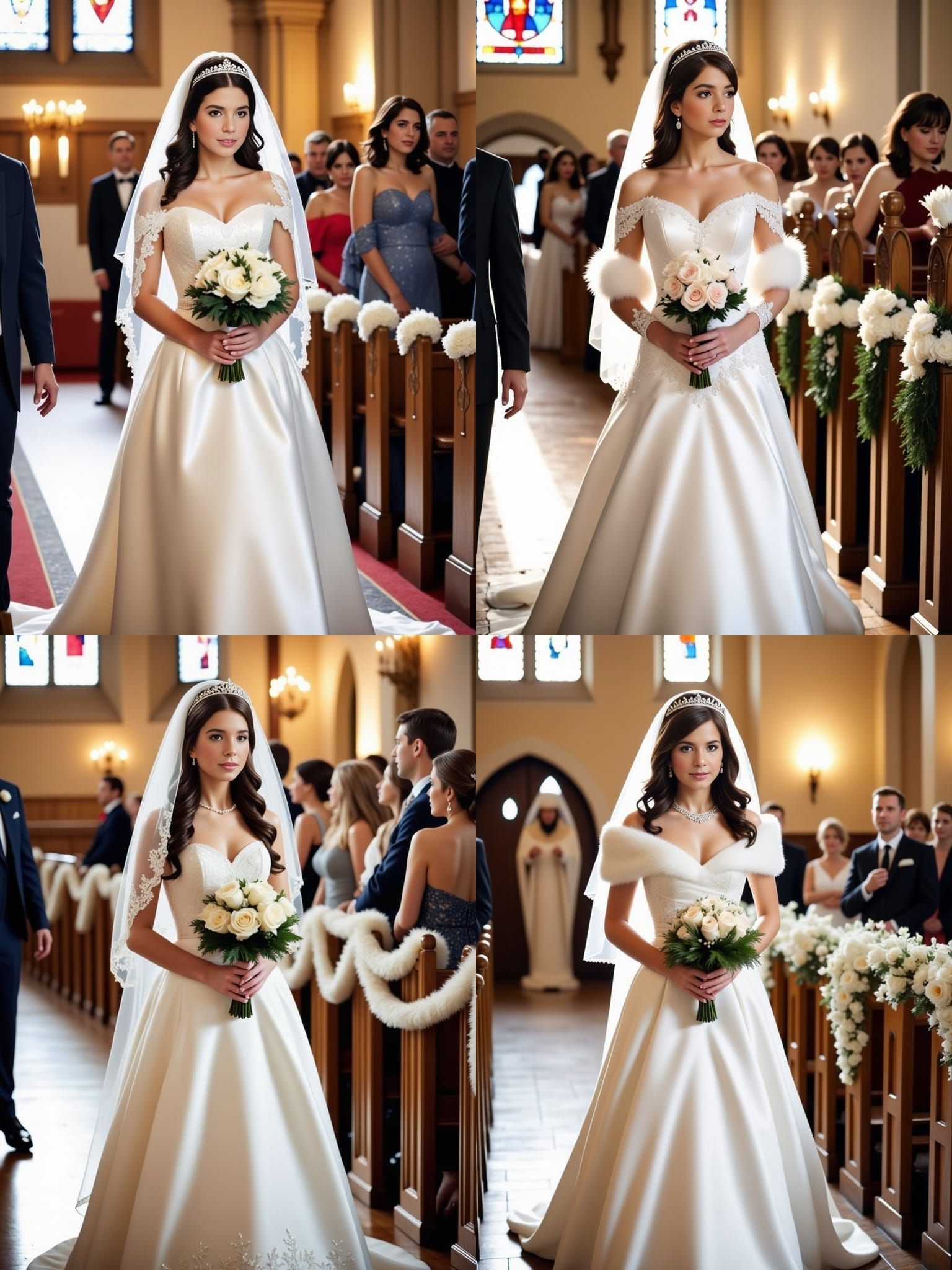 Bride in White Satin Belle Style Wedding Dress