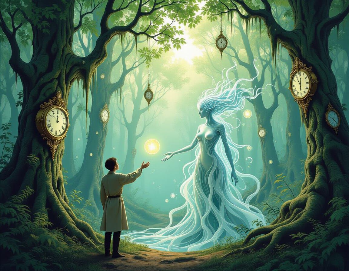 Surreal Forest Spirit Encounter in Dreamlike Woods