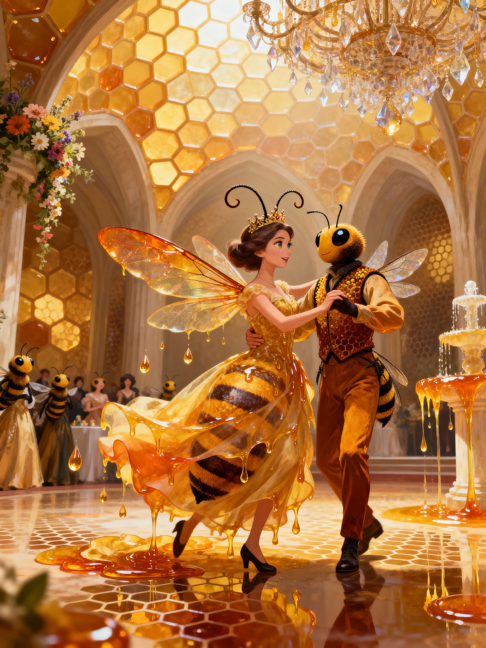 Queen Bee Woman Dances in Golden Honey Ballgown