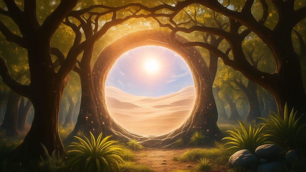 Forest Portal Opens to Arid Desert Landscape