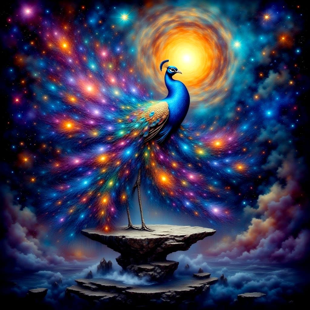 Cosmic Peacock on Floating Island in Surreal Watercolor Styl...