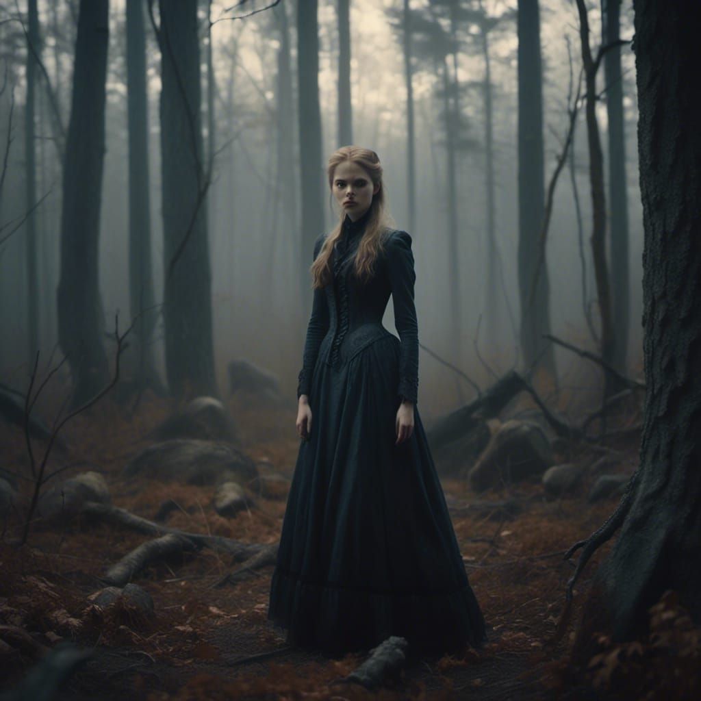Cinematic Vampire in Foggy Forest, Film Still