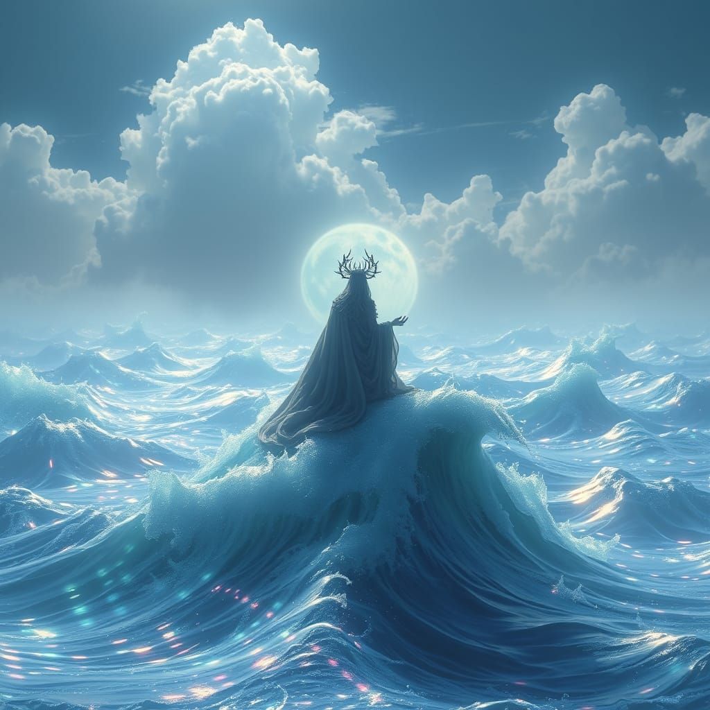 Ethereal Figure Rides the Shimmering Seas in a Vibrant, Drea...
