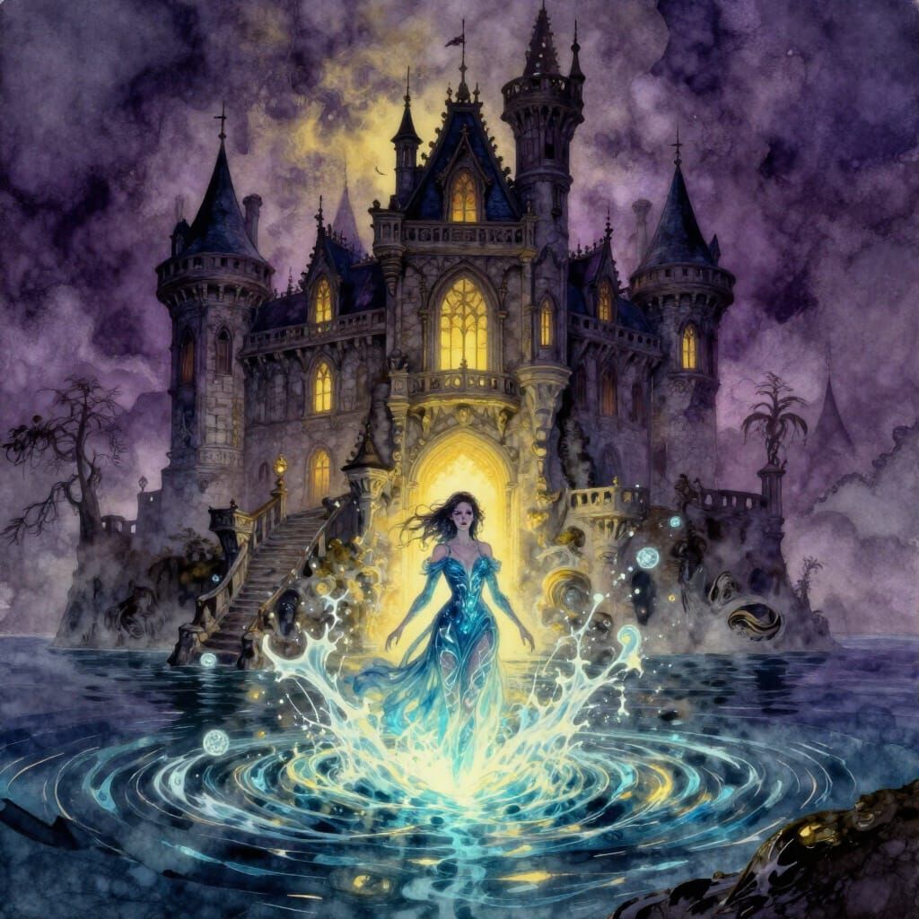 Gothic Victorian Castle in Bioluminescent Water, 90s Style