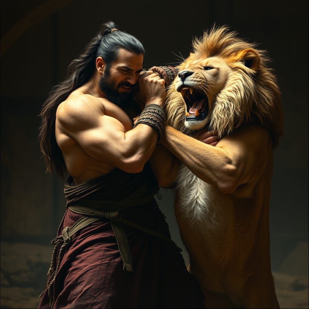 Warrior's Struggle: Lion Confrontation in Dramatic Lighting