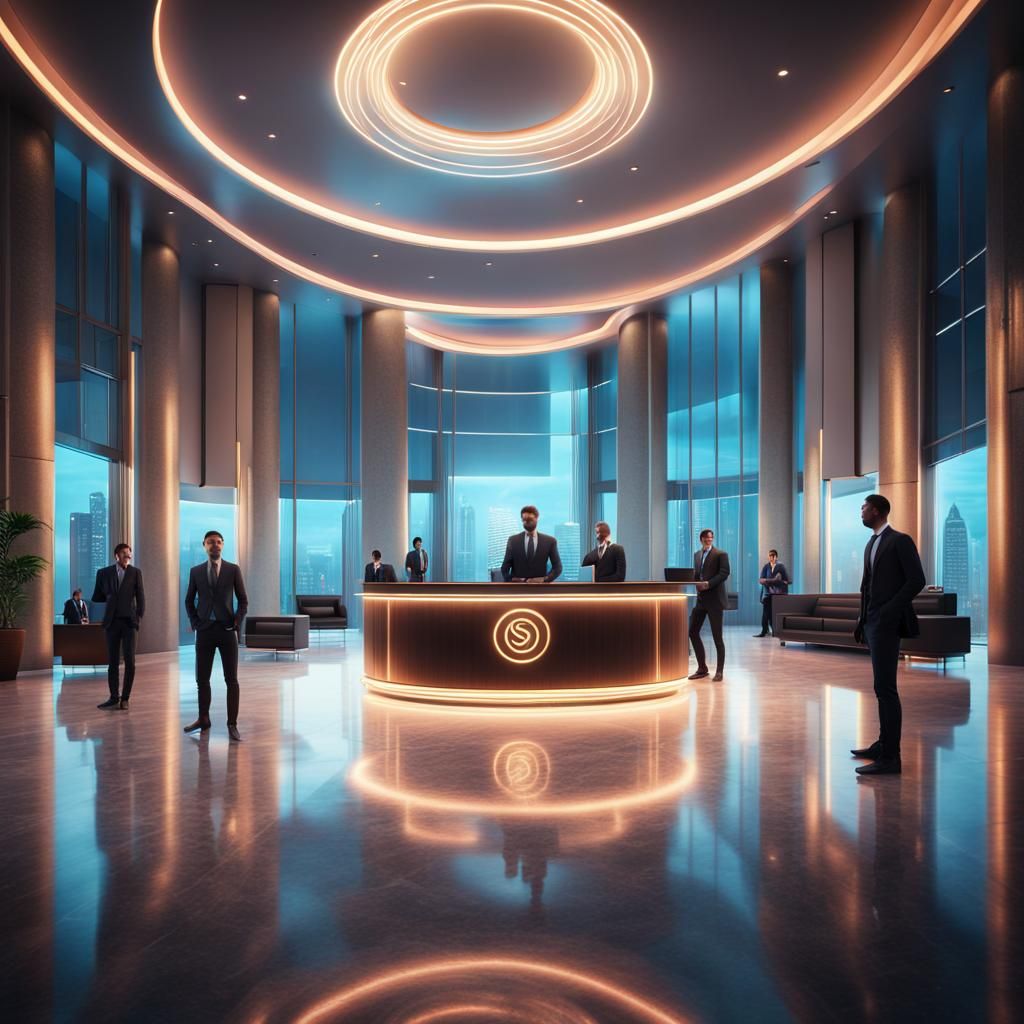 A grand lobby of a large corporate HQ building.