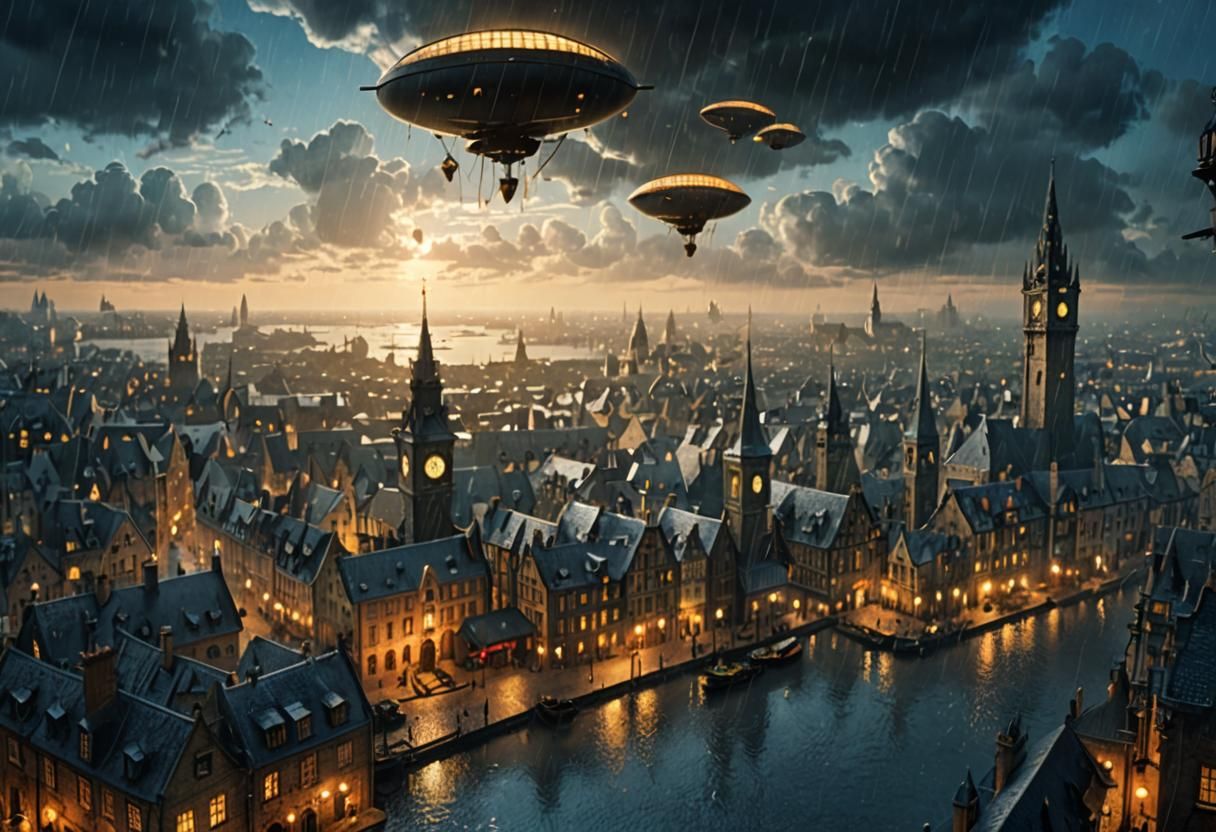 Rainy Harbour City with Zeppelin: Cinematic Digital Painting