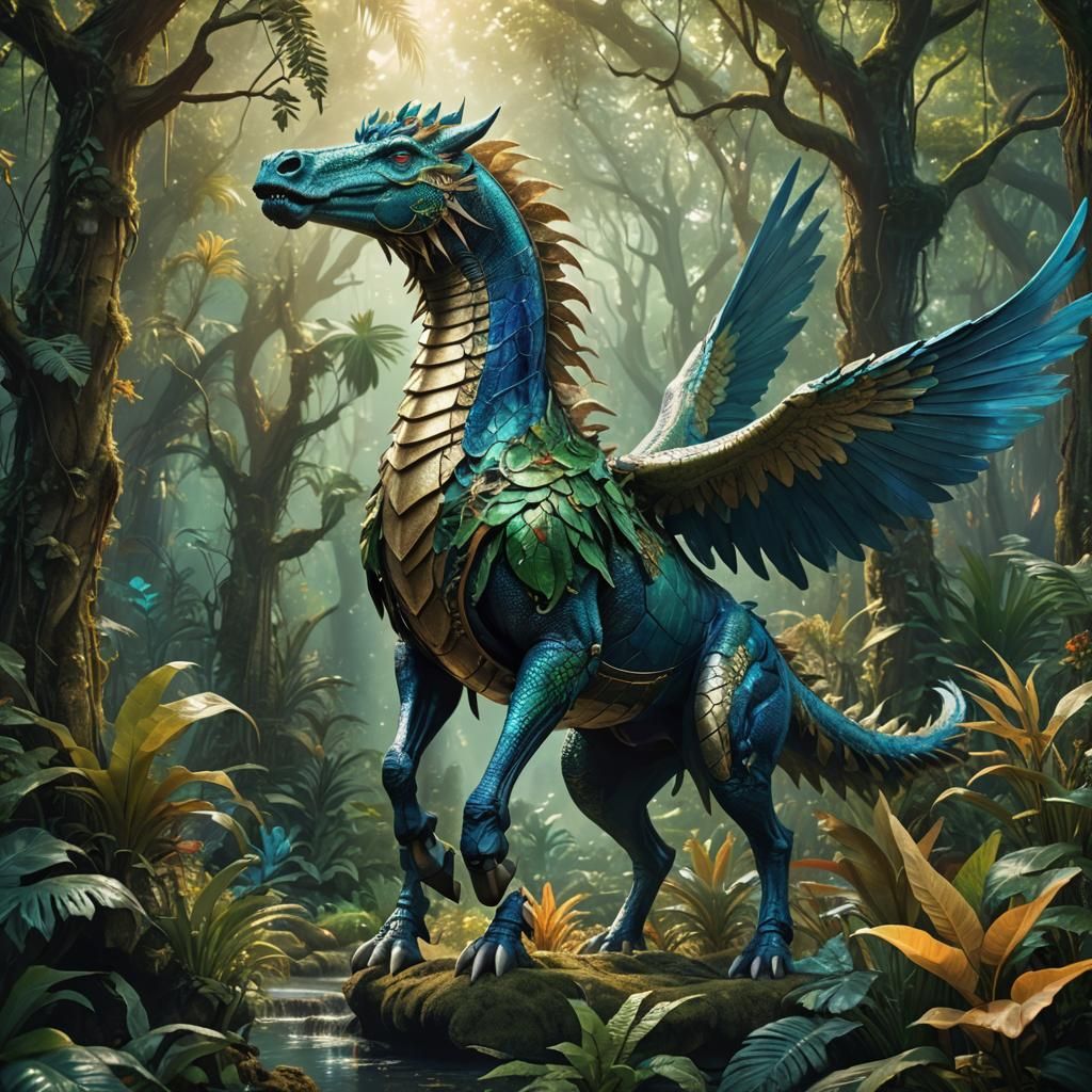 Fusion Horse-Crocodile Creature in Mystical Forest