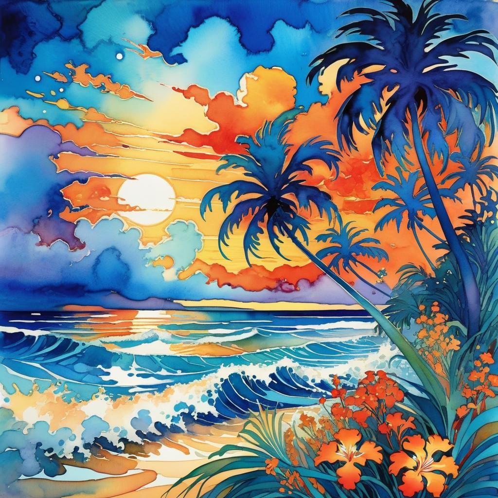 Dreamy Beach Sunset in Surrealist Watercolor Style