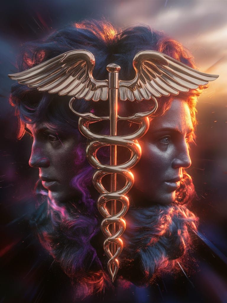 Hyperrealistic Caduceus Concept Art in Golden Light