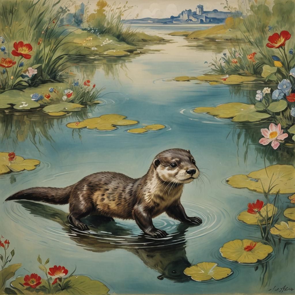 Playful Otter's Dash: Artful Aquatic Scene