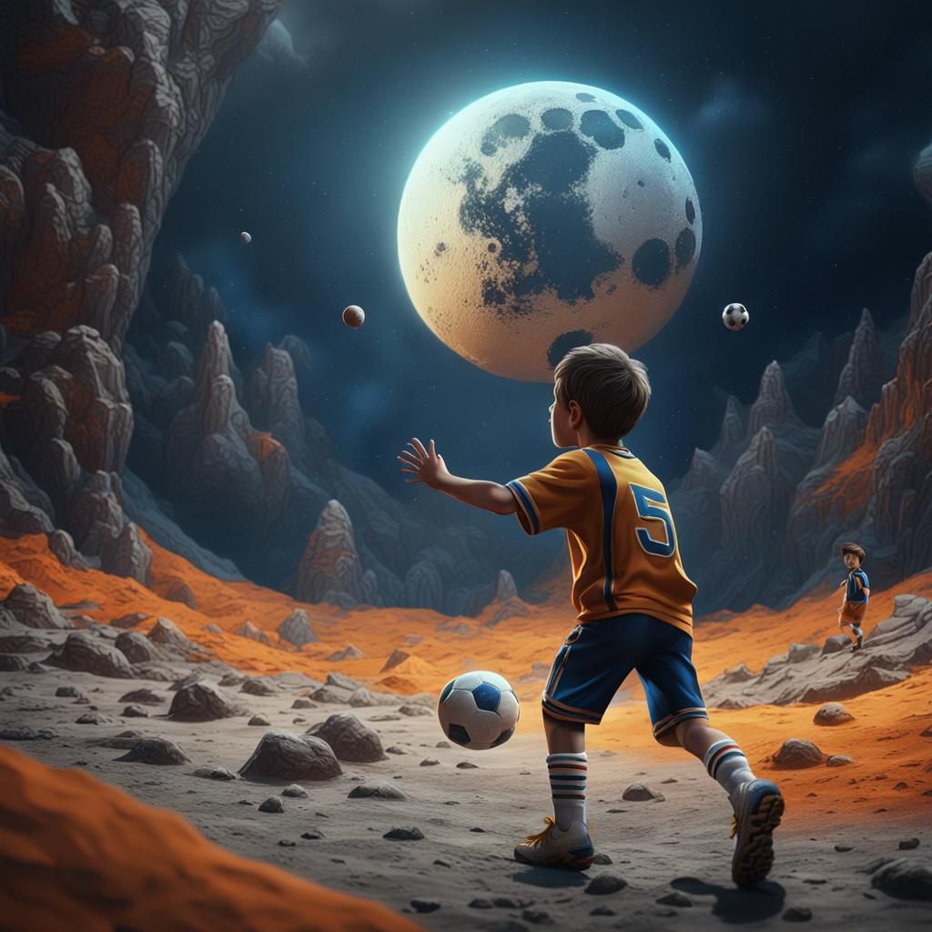 Boy and Football on the Moon in Detailed Matte Painting