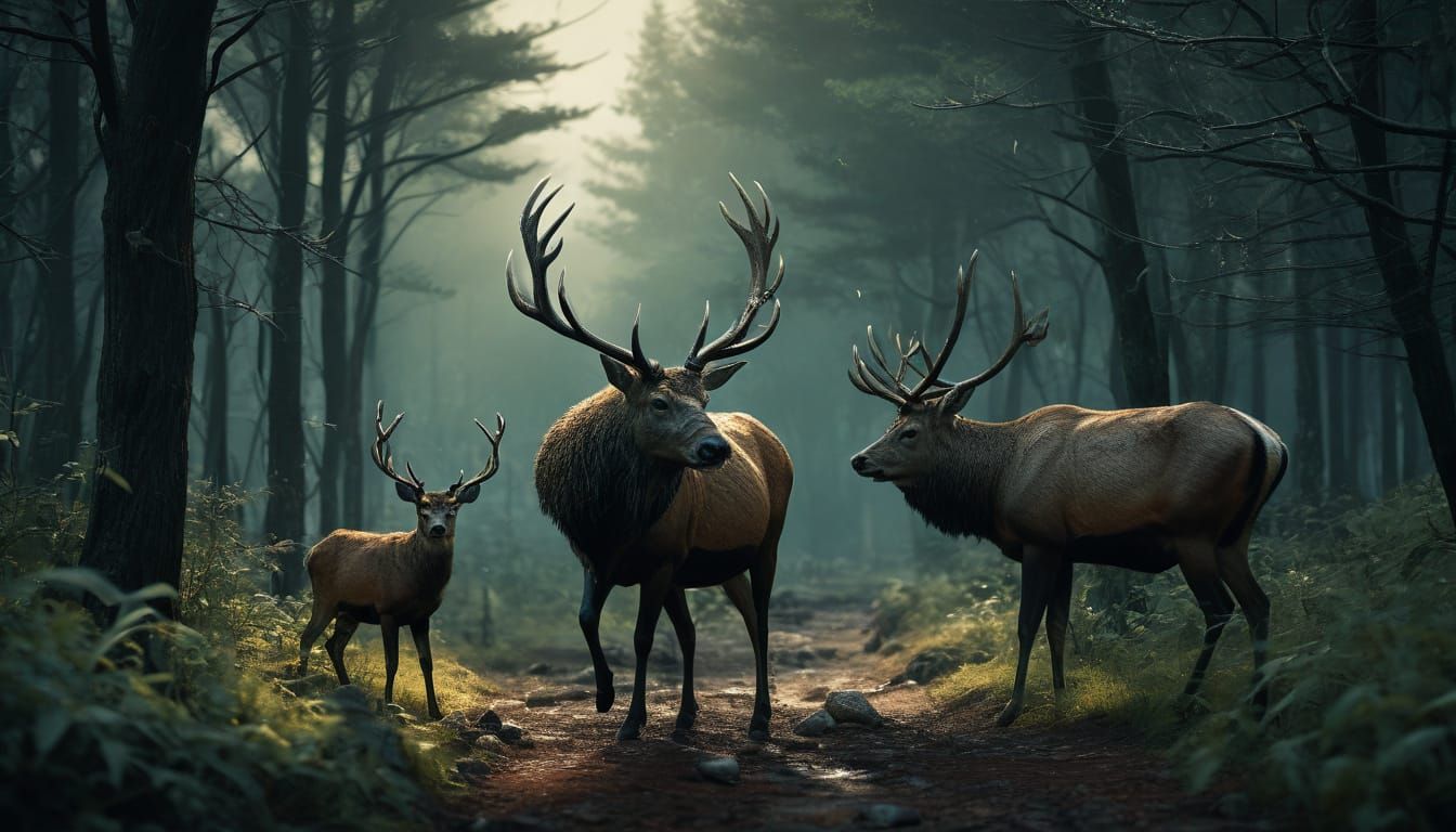 Surreal Deer Family Approaches a School Bus with a Backpack