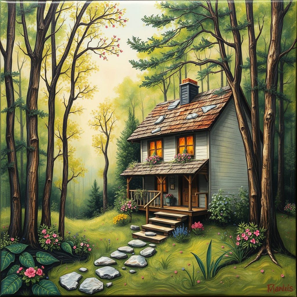 Forest Cottage in Acrylic Pouring Fluid Art