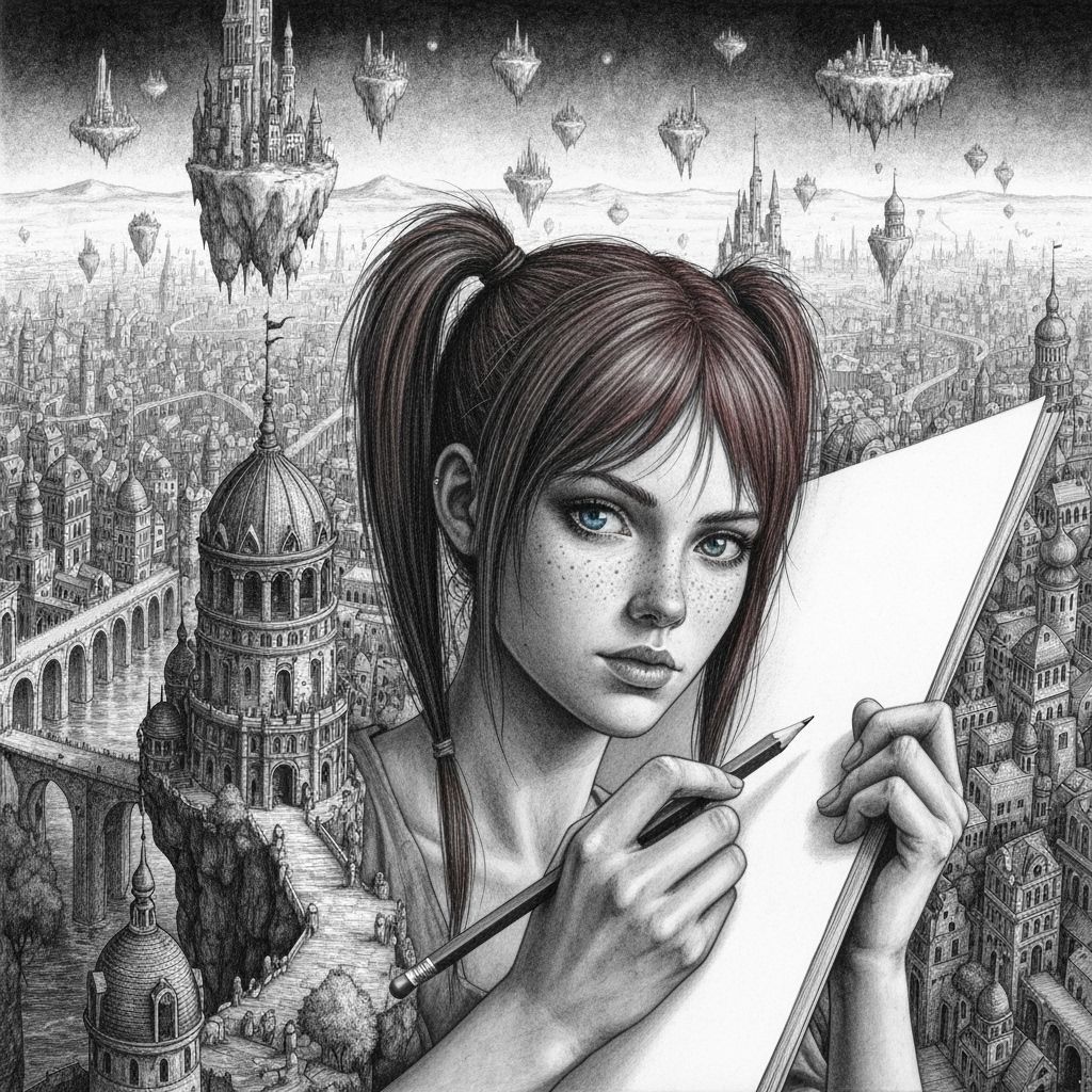 Fantasy City Drawn by Realistic Woman in Pencil Style