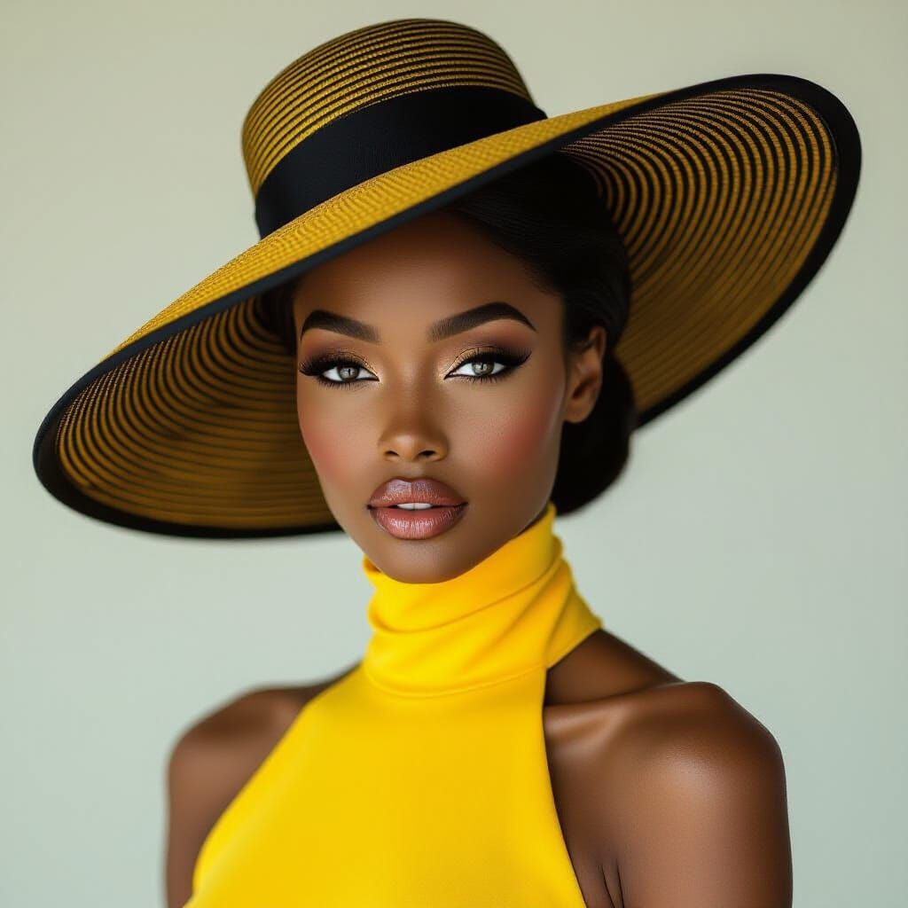 Elegant Black Lady in Yellow Gown and Wide-Brimmed Hat