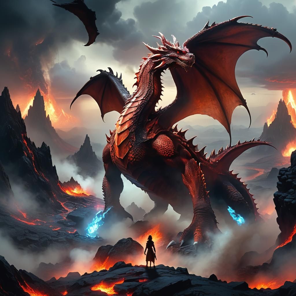 Red Dragon Hatchling in Volcanic Landscape