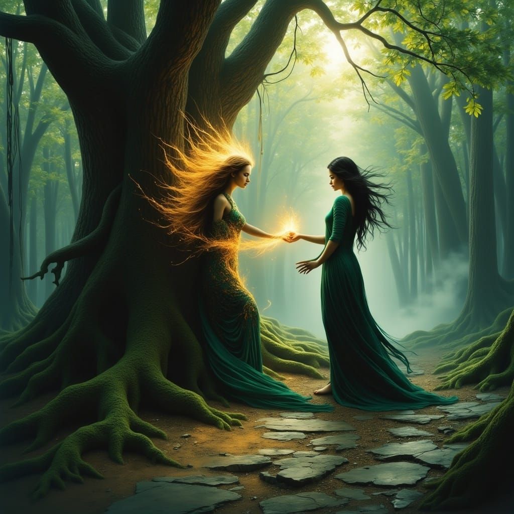 Ethereal Divine Beings Clash in Forest Clearing