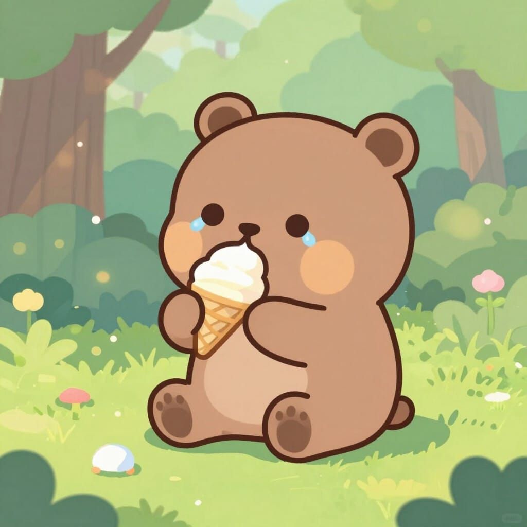 Adorable Baby Bear Eating Ice Cream in Enchanted Forest