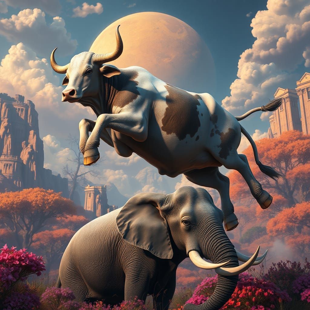 Cow Leaping Over Elephant in Fantasy Landscape