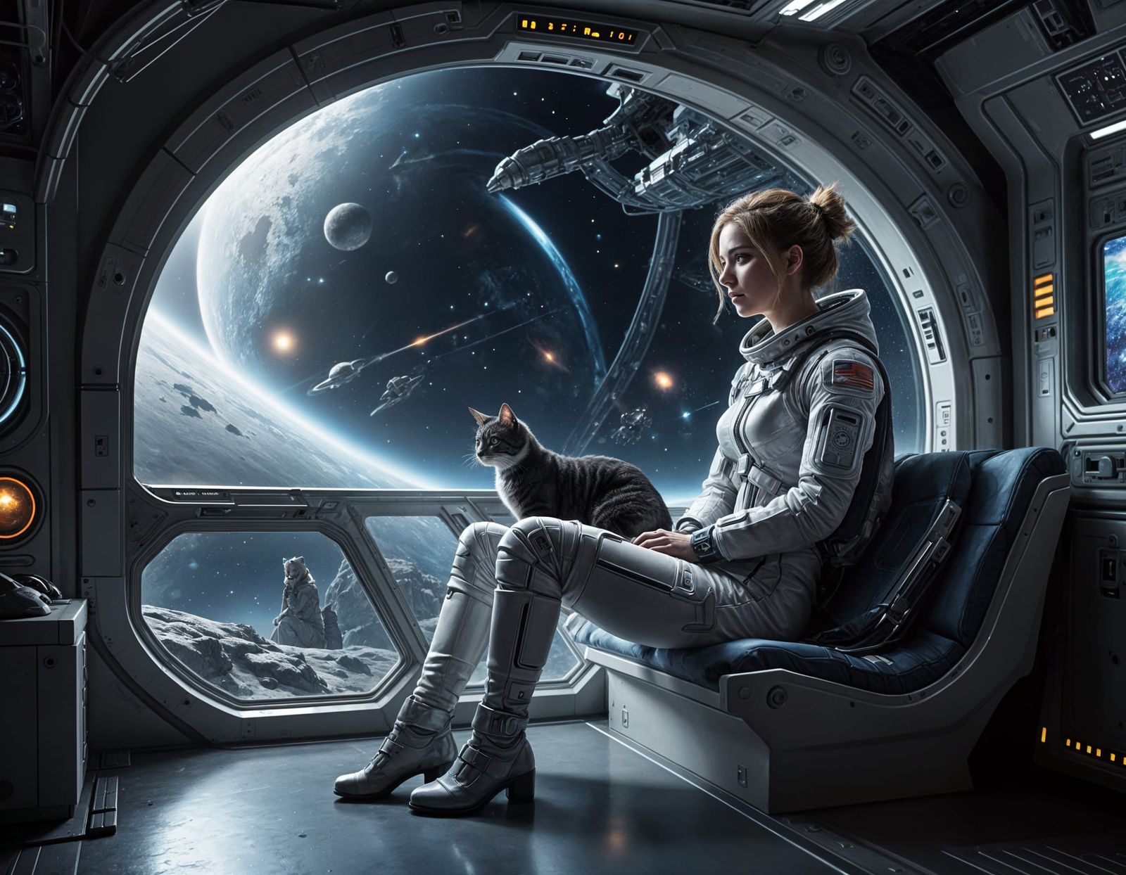 Woman Contemplates Home in Futuristic Space Station