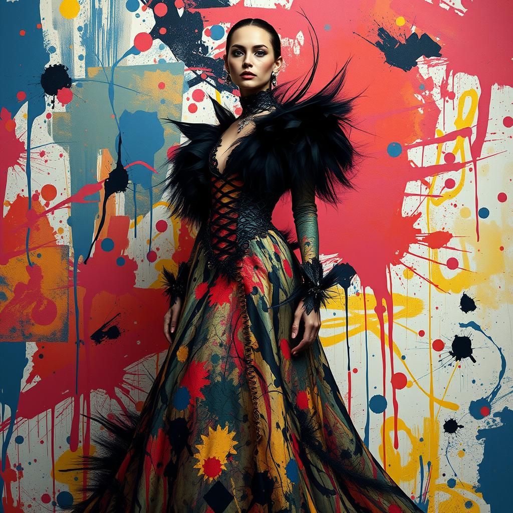 Avant-Garde Model in Paint-Splattered Couture Gown