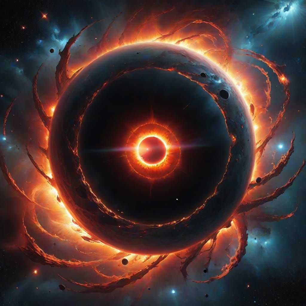 Giant Red Sun Engulfs Black Hole in Cosmic Horror