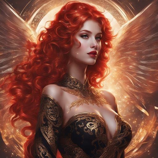 Red-Haired Angel in Lingerie with Golden Patterns