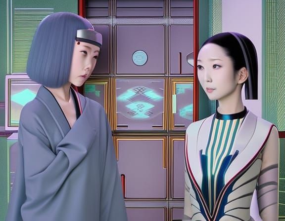 16k resolution, Taisho-era cybernetic romance, Takabatake Kasho style, two android women sharing a moment in a secret al...