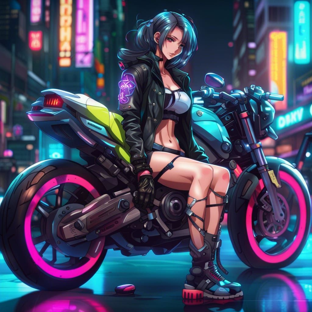 Anime Girl on Motorbike in Neon Cyberpunk Style