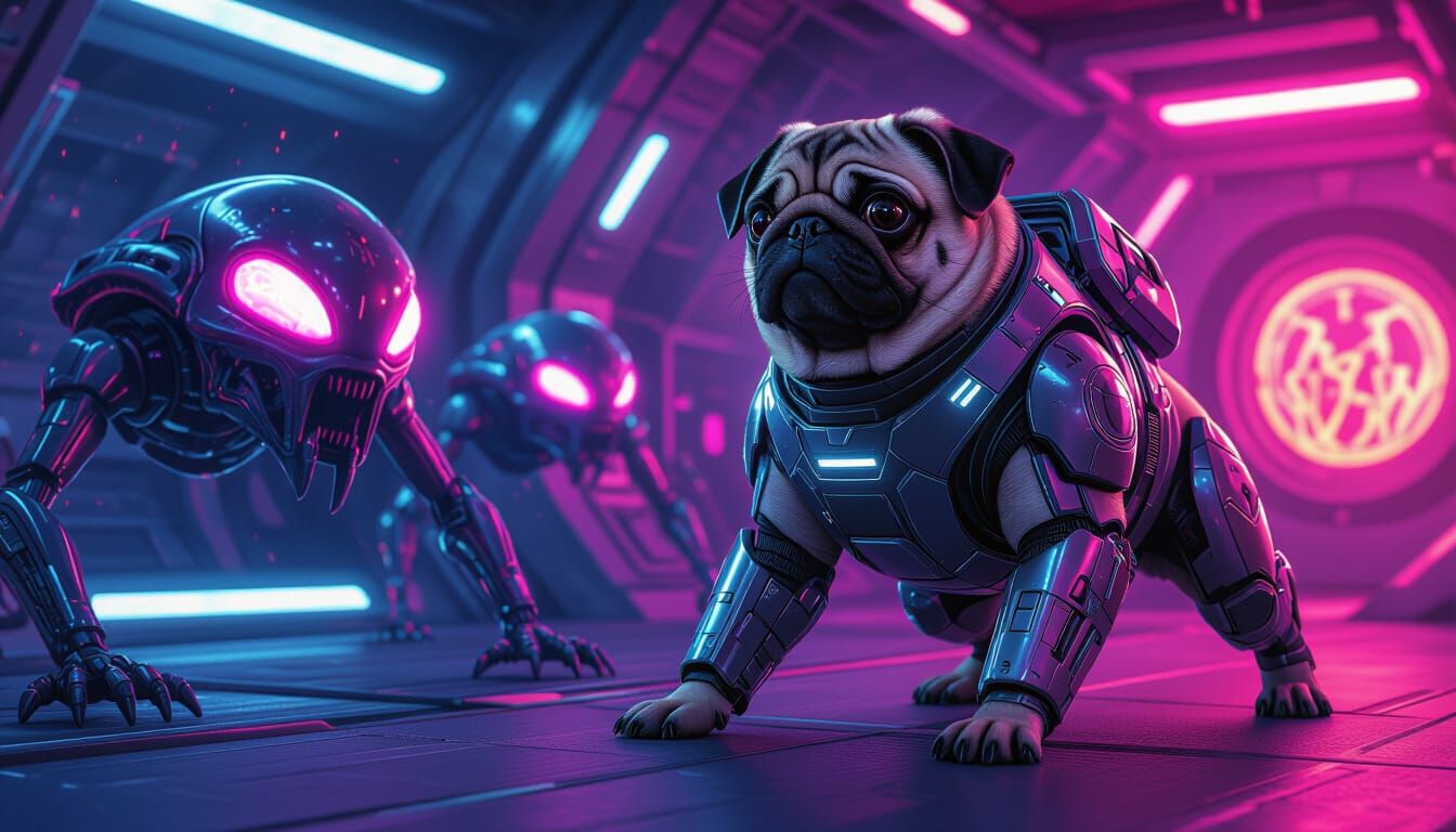 Cybernetic Pug Battles Aliens in Space Station