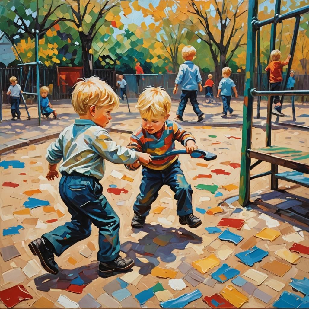Blonde Brothers Playing: An Expressionist Oil Painting