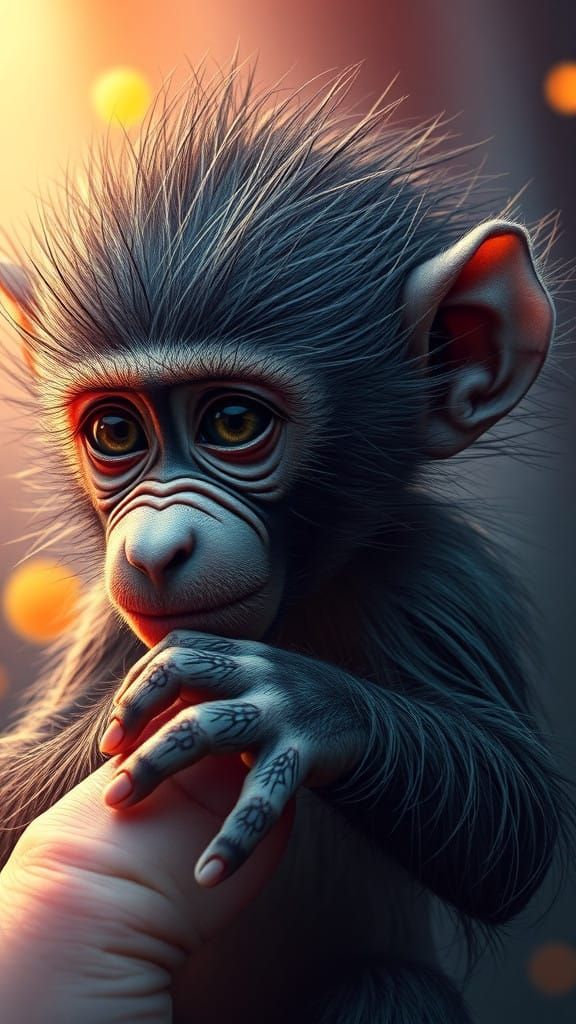 Cinematic Baboon Infant in Hyperrealistic Fantasy