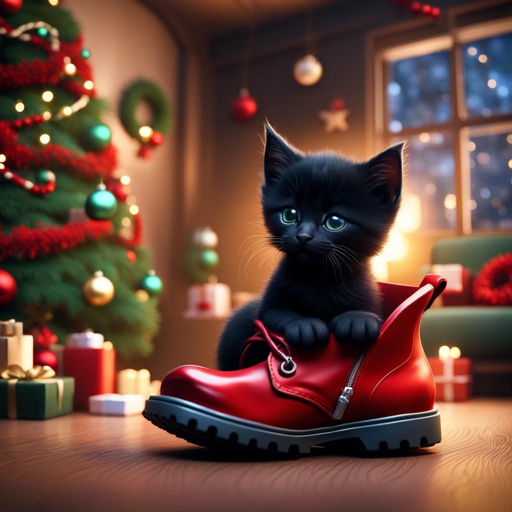 Cute Kitten in Christmas Boot, Detailed Matte Painting
